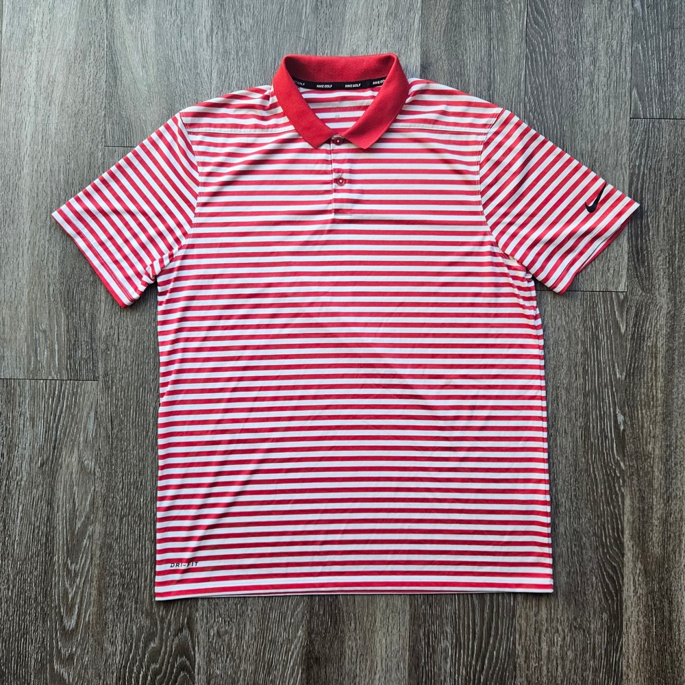 Nike Golf Mens Dri-FIT Striped Polo Shirt Red White Short Sleeve Size Large